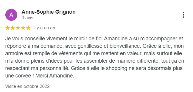 avis client 5 étoiles suite à un accompagnement conseil en image. Conseils vestimentaire, style et couleurs